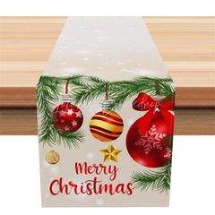 Lofaris Christmas Table Runner Beige with Red Ornaments Merry Holiday Decor