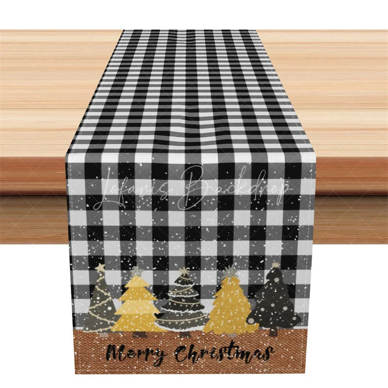Lofaris Christmas Table Runner Black and White Buffalo Plaid Gold Trees Farmhouse Holiday Decor