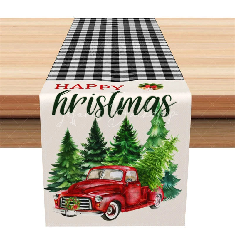 Lofaris Christmas Table Runner Black and White Buffalo Plaid Red Truck Pine Trees Farmhouse Decor