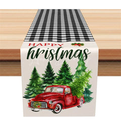 Lofaris Christmas Table Runner Black and White Buffalo Plaid Red Truck Pine Trees Farmhouse Decor
