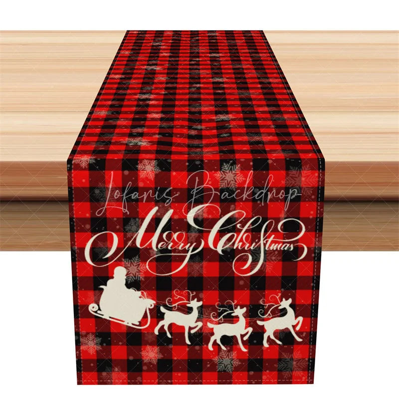 Lofaris Christmas Table Runner Red Buffalo Plaid with Santa Sleigh Reindeer Silhouette Holiday Decor