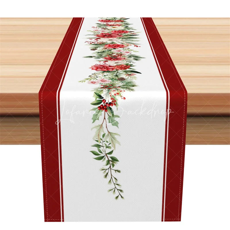 Lofaris Christmas Table Runner White with Poinsettia Garland Red Border Elegant Holiday Decor