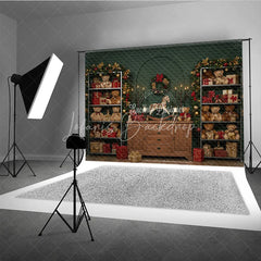Lofaris Christmas Teddy Bear Toy Shop Photography Backdrop Vintage Cabinet with Garland Holiday Mini Session Background