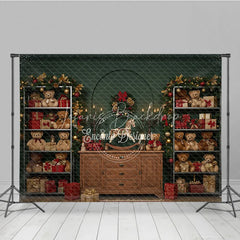 Lofaris Christmas Teddy Bear Toy Shop Photography Backdrop Vintage Cabinet with Garland Holiday Mini Session Background