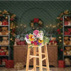 Lofaris Christmas Teddy Bear Toy Shop Photography Backdrop Vintage Cabinet with Garland Holiday Mini Session Background