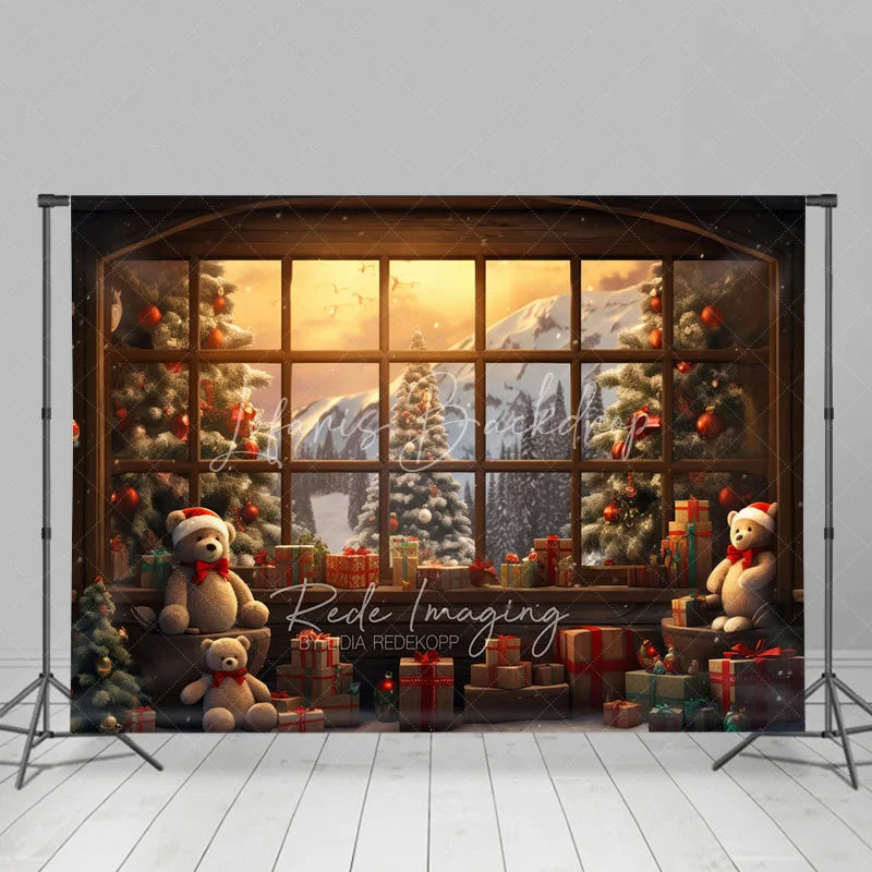 Lofaris Christmas Teddy Bear Window Room Set Backdrop Winter Cozy Cabin Snow Mountain Wood Floor Prop