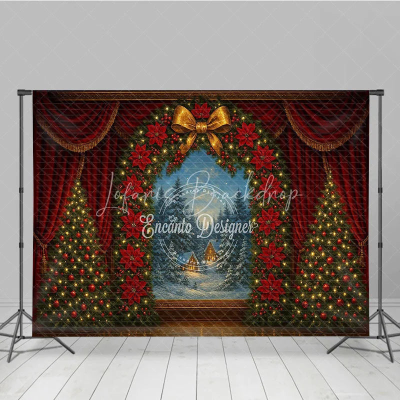 Lofaris Christmas Theater Stage Photography Backdrop Red Curtains with Poinsettia Wreath Holiday Performance Background