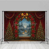 Lofaris Christmas Theater Stage Photography Backdrop Red Curtains with Poinsettia Wreath Holiday Performance Background