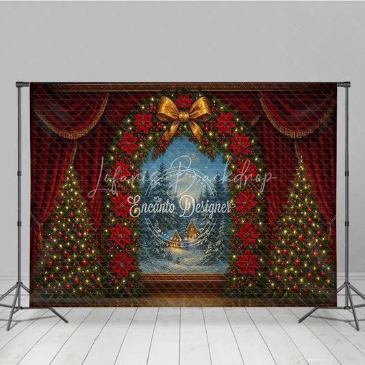 Lofaris Christmas Theater Stage Photography Backdrop Red Curtains with Poinsettia Wreath Holiday Performance Background
