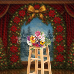 Lofaris Christmas Theater Stage Photography Backdrop Red Curtains with Poinsettia Wreath Holiday Performance Background
