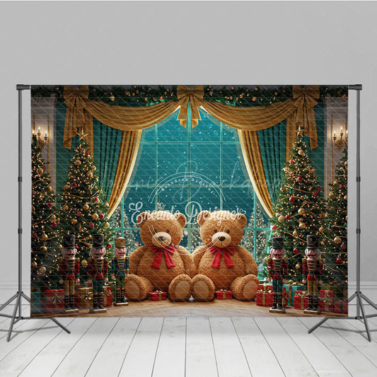 Lofaris Christmas Toy Room Photo Booth Backdrop Giant Teddy Bears and Nutcrackers Snowy Window Holiday Background
