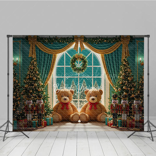 Lofaris Christmas Toy Room Photography Backdrop Giant Teddy Bears and Nutcrackers Snowy Window Holiday Background