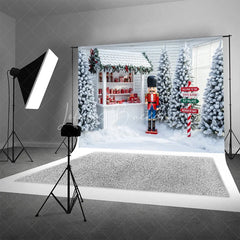 Lofaris Christmas Toy Shop Backdrop Nutcracker Soldier Photography Background Winter Snow Santa Workshop Holiday Party Decoration