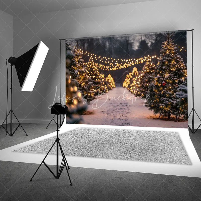 Lofaris Christmas Tree Farm Backdrop Winter Snow String Lights Photography Background Night Outdoor Forest Holiday Party Decoration