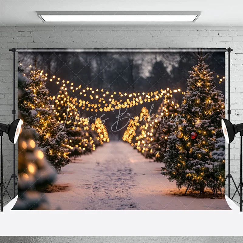 Lofaris Christmas Tree Farm Backdrop Winter Snow String Lights Photography Background Night Outdoor Forest Holiday Party Decoration