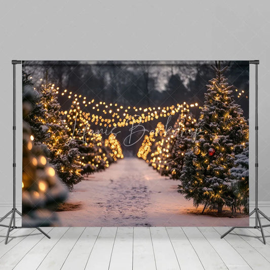 Lofaris Christmas Tree Farm Backdrop Winter Snow String Lights Photography Background Night Outdoor Forest Holiday Party Decoration