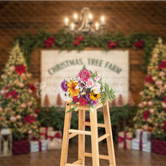 Lofaris Christmas Tree Farm Photography Backdrop Rustic Wood Sign with Poinsettia Farmhouse Holiday Background