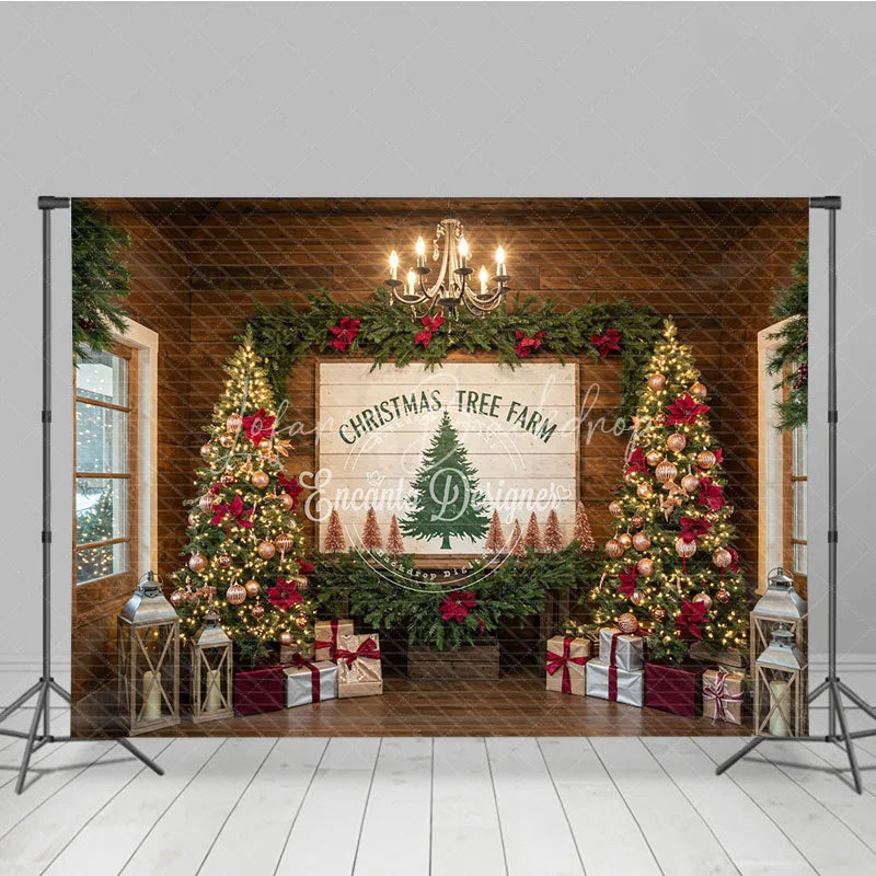 Lofaris Christmas Tree Farm Photography Backdrop Rustic Wood Sign with Poinsettia Farmhouse Holiday Background