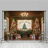 Lofaris Christmas Tree Farm Photography Backdrop Rustic Wood Sign with Poinsettia Farmhouse Holiday Background