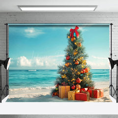 Lofaris Christmas Tree Gifts Blue Sky Ocean Holiday Backdrop