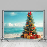 Lofaris Christmas Tree Gifts Blue Sky Ocean Holiday Backdrop