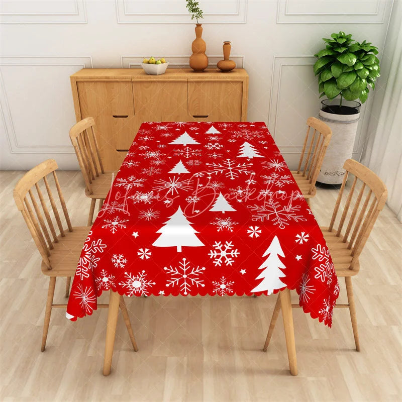 Lofaris Christmas Tree Rectangle Tablecloth Red with White Trees Snowflake Winter Holiday Table Cover Decor