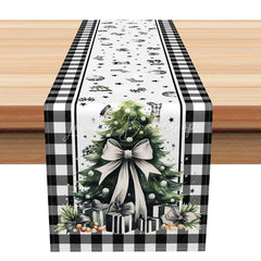 Lofaris Christmas Tree with White Bow Table Runner Black Buffalo Plaid Border Farmhouse Holiday Decor