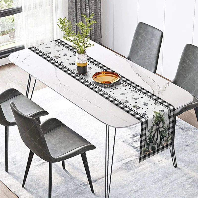 Lofaris Christmas Tree with White Bow Table Runner Black Buffalo Plaid Border Farmhouse Holiday Decor