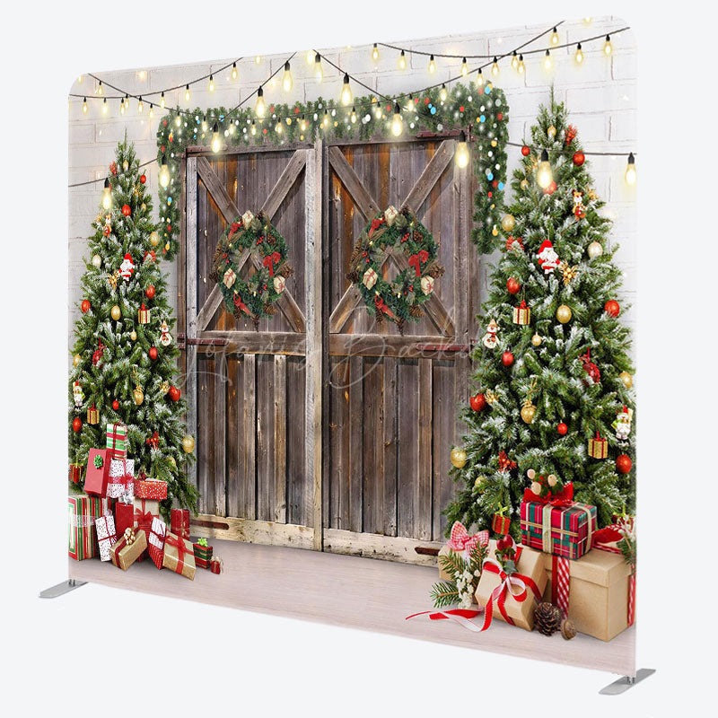 Lofaris Christmas Tree Wood Door Gift Tension Fabric Backdrop