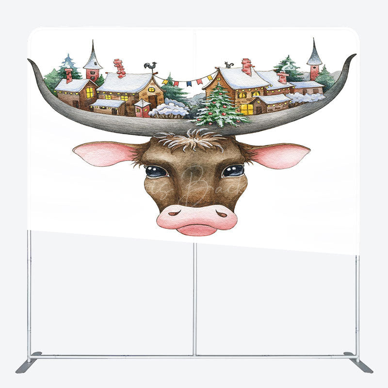 Lofaris Christmas Vibe Cow Snowy Town Pillow Case Backdrop