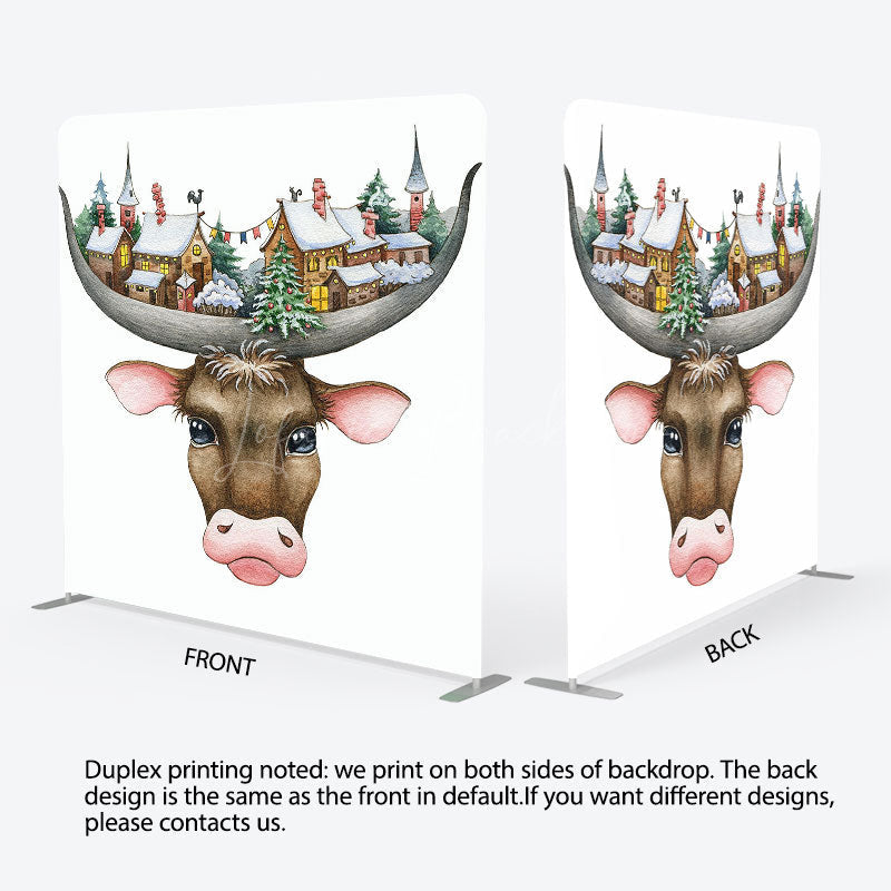 Lofaris Christmas Vibe Cow Snowy Town Pillow Case Backdrop