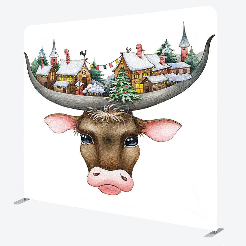 Lofaris Christmas Vibe Cow Snowy Town Pillow Case Backdrop