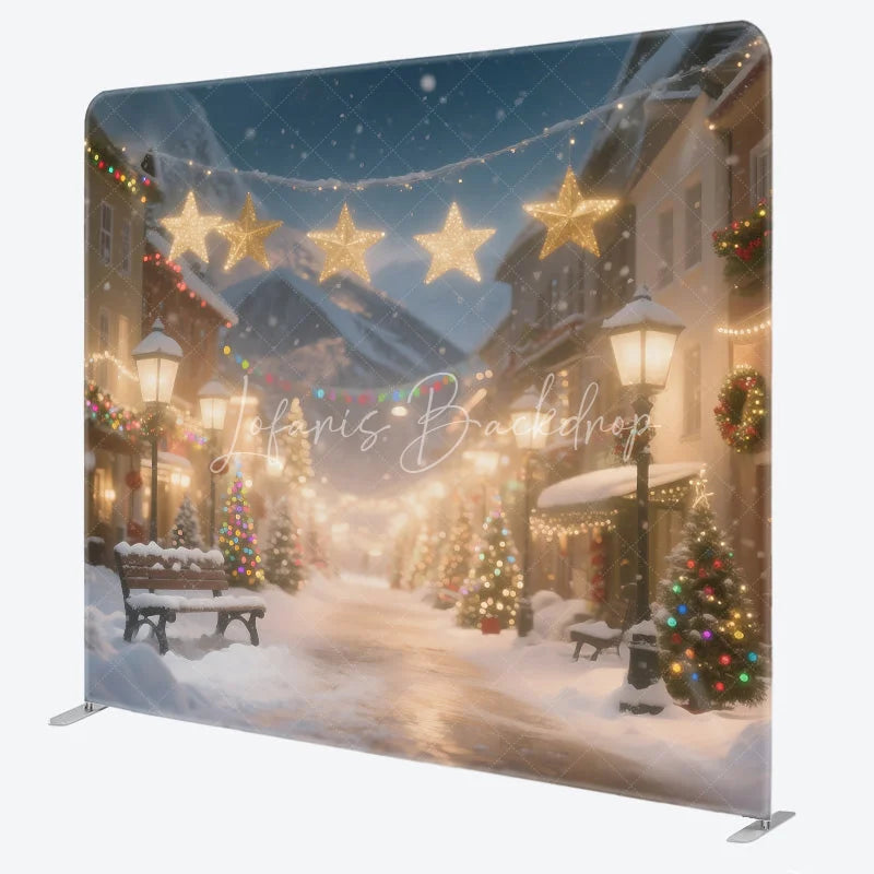Lofaris Christmas Village Tension Fabric Backdrop Snowy Town Street with Lights Winter Holiday Photography Background