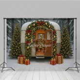 Lofaris Christmas Vintage Camper Photography Backdrop Retro Trailer in a Snowy Forest Holiday Mini Session Background