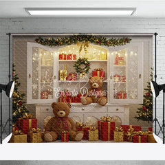 Lofaris Christmas White Cabinet Photography Backdrop Teddy Bears and Presents Display Farmhouse Holiday Photo Background