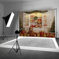 Lofaris Christmas White Cabinet Photography Backdrop Teddy Bears and Presents Display Farmhouse Holiday Photo Background