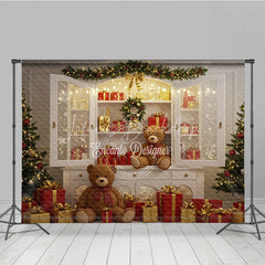 Lofaris Christmas White Cabinet Photography Backdrop Teddy Bears and Presents Display Farmhouse Holiday Photo Background