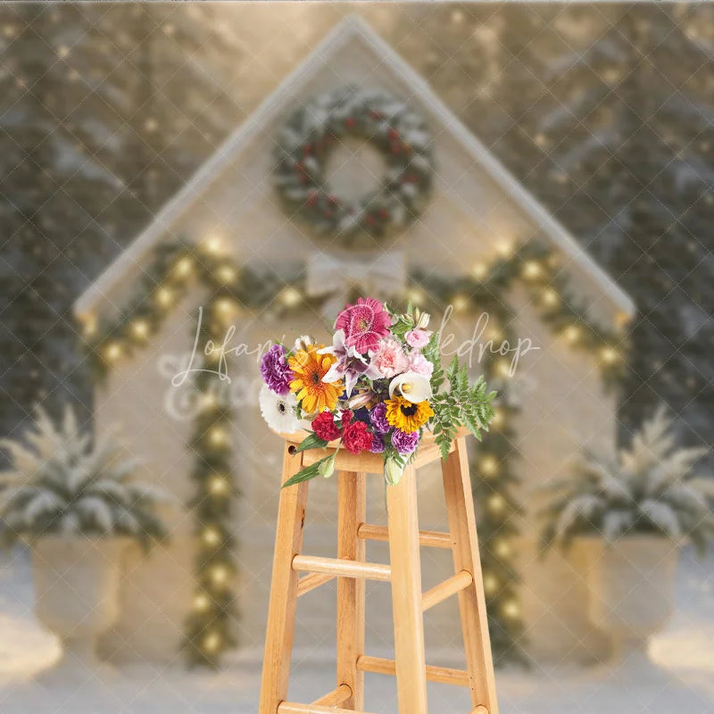 Lofaris Christmas White House Photography Backdrop Snowy Scene with Garland and Lights Holiday Mini Session Background