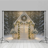 Lofaris Christmas White House Photography Backdrop Snowy Scene with Garland and Lights Holiday Mini Session Background