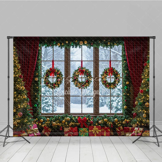 Lofaris Christmas Window Photography Backdrop Snowy View with Wreaths and Red Curtains Holiday Mini Session Background