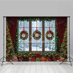 Lofaris Christmas Window Photography Backdrop Snowy View with Wreaths and Red Curtains Holiday Mini Session Background
