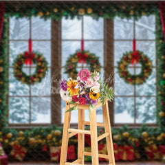 Lofaris Christmas Window Photography Backdrop Snowy View with Wreaths and Red Curtains Holiday Mini Session Background