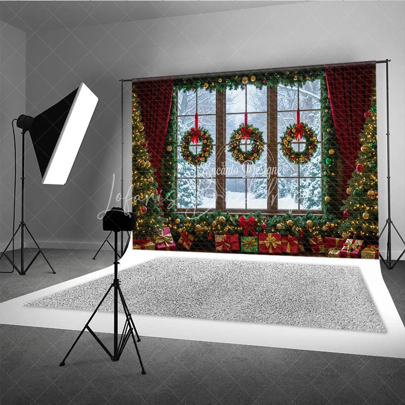 Lofaris Christmas Window Photography Backdrop Snowy View with Wreaths and Red Curtains Holiday Mini Session Background