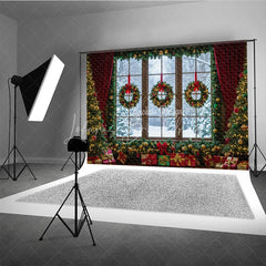 Lofaris Christmas Window Photography Backdrop Snowy View with Wreaths and Red Curtains Holiday Mini Session Background
