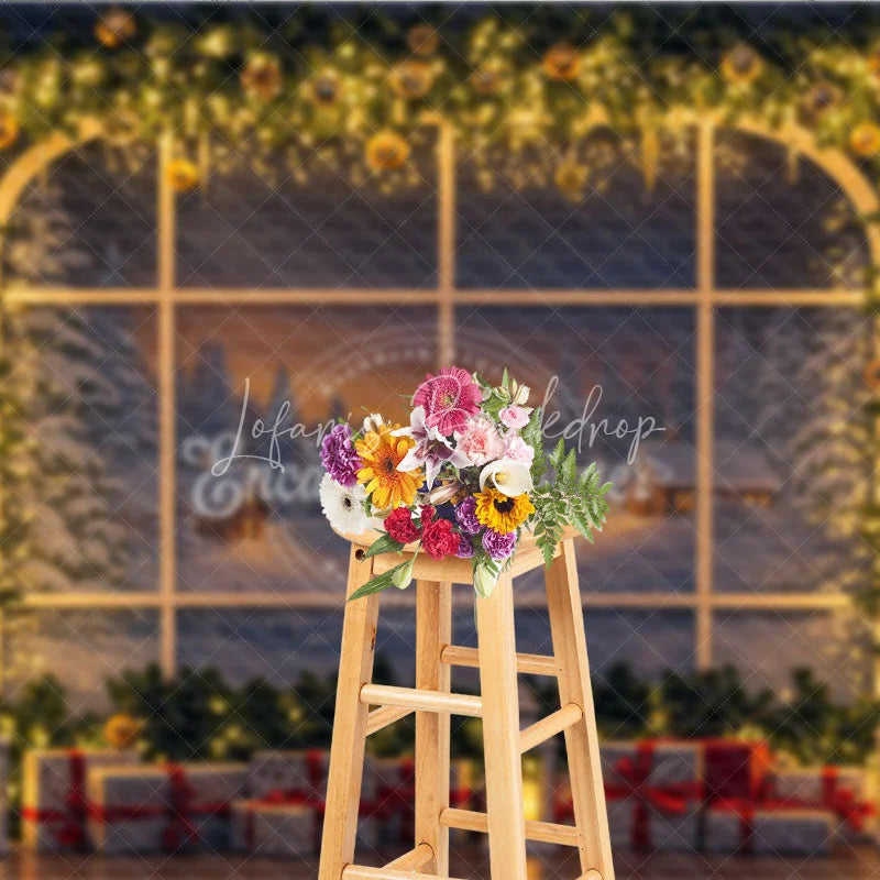 Lofaris Christmas Window Photography Backdrop Snowy Village View with String Lights Holiday Mini Session Background