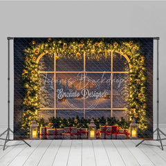 Lofaris Christmas Window Photography Backdrop Snowy Village View with String Lights Holiday Mini Session Background