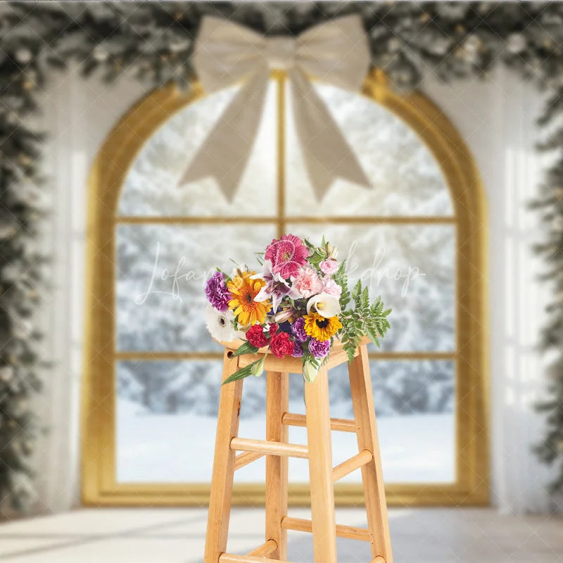Lofaris Christmas Window Photography Backdrop with Snowy View Elegant White Bow and Flocked Garland Winter Photo Background