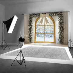 Lofaris Christmas Window Photography Backdrop with Snowy View Elegant White Bow and Flocked Garland Winter Photo Background