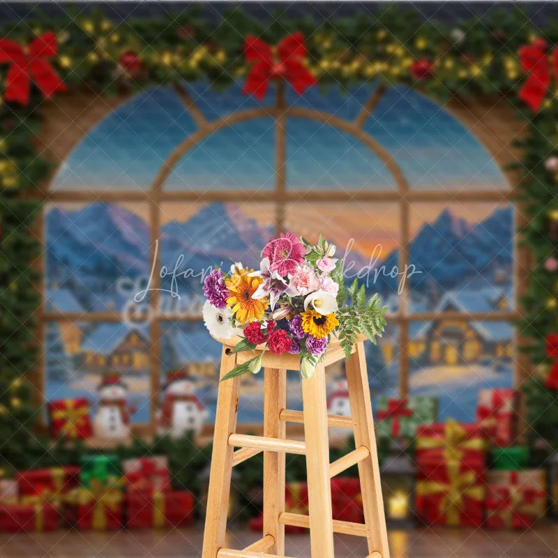 Lofaris Christmas Window Photography Backdrop with Snowy Village View Snowmen and Garland Holiday Photo Background