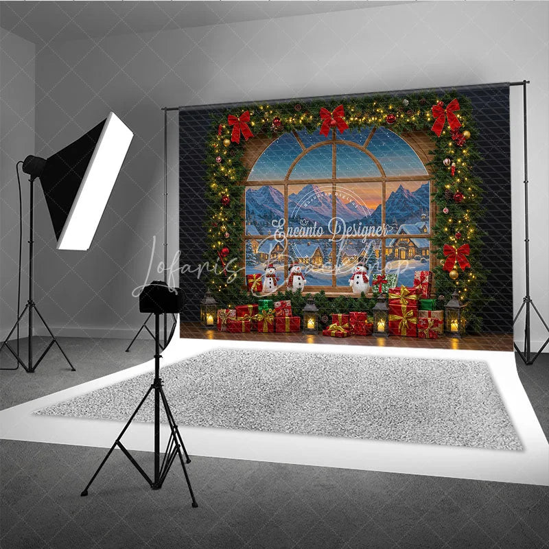 Lofaris Christmas Window Photography Backdrop with Snowy Village View Snowmen and Garland Holiday Photo Background